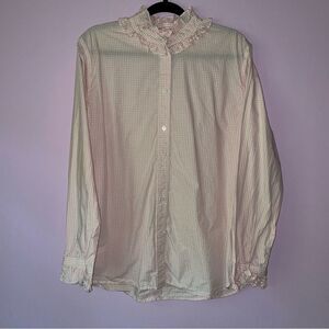 J Crew 18 Classic Button Shirt Pink Gingham Cotton Long Sleeve Ruffles